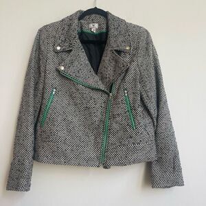 Wool Blend Checkered Moto Blazer Green Lined Zipper- Large